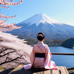 **

A serene onsen (温泉) scene in Hakone, Japan. Cherry blossoms (桜) are in full bloom. A woman in a yukata (浴衣) relaxes, enjoying the breathtaking view of Mount Fuji (富士山). Soft, natural lighting. Pastel colors.

**