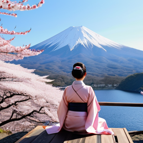 **

A serene onsen (温泉) scene in Hakone, Japan. Cherry blossoms (桜) are in full bloom. A woman in a yukata (浴衣) relaxes, enjoying the breathtaking view of Mount Fuji (富士山). Soft, natural lighting. Pastel colors.

**