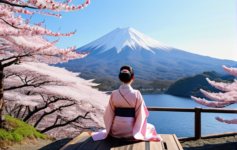 **

A serene onsen (温泉) scene in Hakone, Japan. Cherry blossoms (桜) are in full bloom. A woman in a yukata (浴衣) relaxes, enjoying the breathtaking view of Mount Fuji (富士山). Soft, natural lighting. Pastel colors.

**