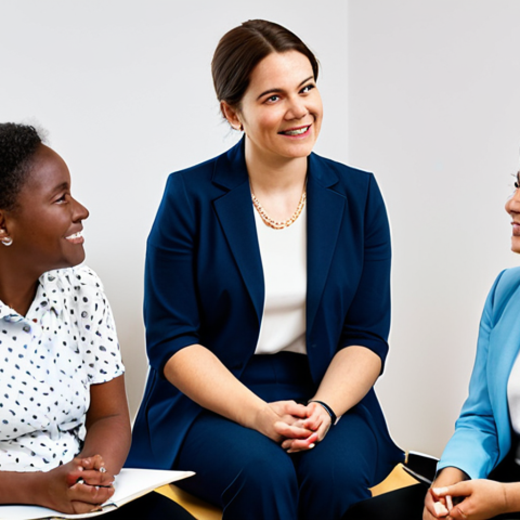 A professional female play therapist, fully clothed in a modest business casual outfit, facilitates a workshop for a small group of parents. She is actively listening to a parent, demonstrating empathy and understanding, with a warm and inviting expression. The parents are diverse, dressed in appropriate attire, and appear engaged and comfortable in the bright, clean, modern community workshop room. Educational materials are subtly visible in the background, contributing to a supportive and collaborative atmosphere. perfect anatomy, correct proportions, natural pose, well-formed hands, proper finger count, natural body proportions, professional photography, high quality, safe for work, appropriate content, family-friendly.