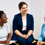 A professional female play therapist, fully clothed in a modest business casual outfit, facilitates a workshop for a small group of parents. She is actively listening to a parent, demonstrating empathy and understanding, with a warm and inviting expression. The parents are diverse, dressed in appropriate attire, and appear engaged and comfortable in the bright, clean, modern community workshop room. Educational materials are subtly visible in the background, contributing to a supportive and collaborative atmosphere. perfect anatomy, correct proportions, natural pose, well-formed hands, proper finger count, natural body proportions, professional photography, high quality, safe for work, appropriate content, family-friendly.