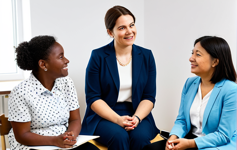 A professional female play therapist, fully clothed in a modest business casual outfit, facilitates a workshop for a small group of parents. She is actively listening to a parent, demonstrating empathy and understanding, with a warm and inviting expression. The parents are diverse, dressed in appropriate attire, and appear engaged and comfortable in the bright, clean, modern community workshop room. Educational materials are subtly visible in the background, contributing to a supportive and collaborative atmosphere. perfect anatomy, correct proportions, natural pose, well-formed hands, proper finger count, natural body proportions, professional photography, high quality, safe for work, appropriate content, family-friendly.