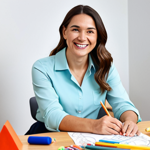 **

A professional and friendly female play therapist, fully clothed in modest professional attire (a blouse and slacks), sitting in a child-friendly play therapy room. The room has various toys and art supplies. The therapist is smiling warmly at a child (also fully clothed and appropriately dressed) who is drawing at a small table. Safe for work, appropriate content, perfect anatomy, well-formed hands, correct proportions, natural pose, professional, family-friendly, high quality photography, bright lighting.

**