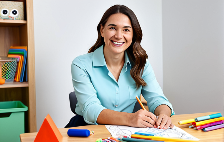 **

A professional and friendly female play therapist, fully clothed in modest professional attire (a blouse and slacks), sitting in a child-friendly play therapy room. The room has various toys and art supplies. The therapist is smiling warmly at a child (also fully clothed and appropriately dressed) who is drawing at a small table. Safe for work, appropriate content, perfect anatomy, well-formed hands, correct proportions, natural pose, professional, family-friendly, high quality photography, bright lighting.

**