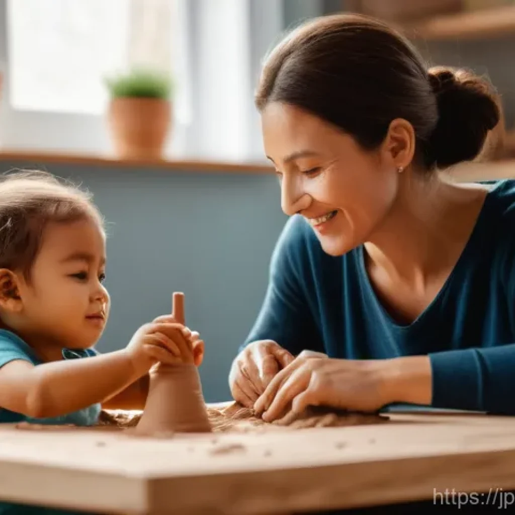 놀이치료 도구 활용법 - A heartwarming, brightly lit indoor scene featuring a mother and her child, approximately 3-4 years ...