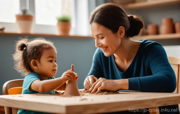 놀이치료 도구 활용법 - A heartwarming, brightly lit indoor scene featuring a mother and her child, approximately 3-4 years ...