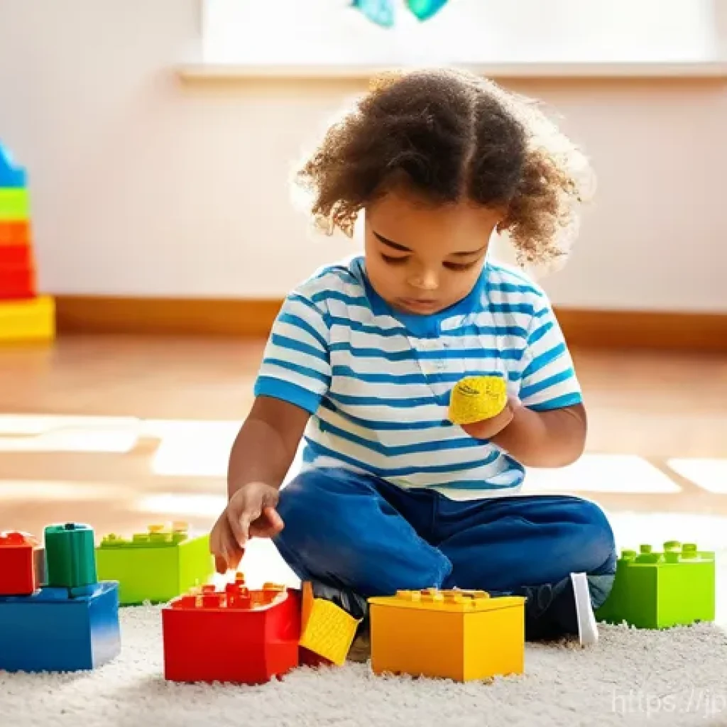 놀이치료에서의 놀이 관찰 기법 - **Prompt:** A curious preschool-aged child, approximately 5 years old, is deeply engrossed in buildi...