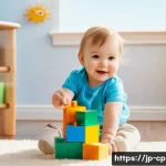 놀이치료사가 알아야 할 보험 청구 방법 - **A toddler (wearing a diaper)** is happily playing with colorful building blocks in a sunlit playro...