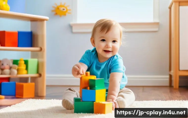 놀이치료사가 알아야 할 보험 청구 방법 - **A toddler (wearing a diaper)** is happily playing with colorful building blocks in a sunlit playro...
