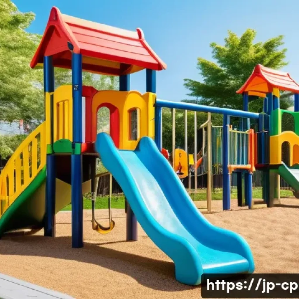 놀이치료사로서 아동 안전 수칙 - A vibrant Japanese playground scene in modern style, featuring children aged 3 to 7 wearing colorful...