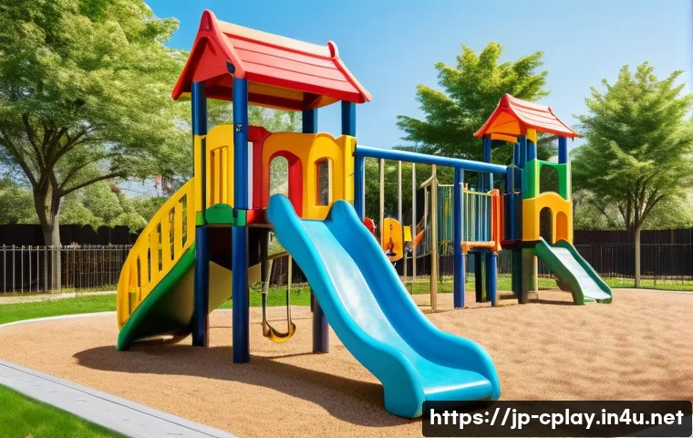 놀이치료사로서 아동 안전 수칙 - A vibrant Japanese playground scene in modern style, featuring children aged 3 to 7 wearing colorful...