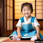 놀이치료에서의 놀이 상징 해석 - A joyful Japanese child wearing casual clothes and a colorful apron playing house with dolls in a co...