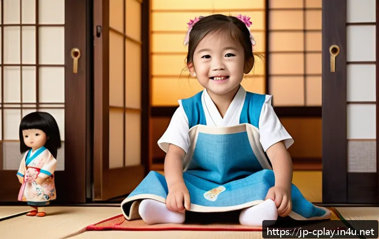놀이치료에서의 놀이 상징 해석 - A joyful Japanese child wearing casual clothes and a colorful apron playing house with dolls in a co...