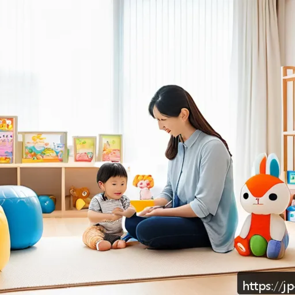 놀이치료사 취업 후 첫 3개월 생존기 - A young, professional play therapist in a modern Japanese therapy room, wearing neat business casual...