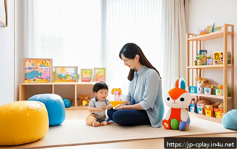 놀이치료사 취업 후 첫 3개월 생존기 - A young, professional play therapist in a modern Japanese therapy room, wearing neat business casual...