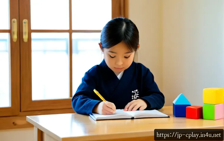 놀이치료 기록 작성 방법 - Photorealistic Japanese child play therapist seated at a tidy wooden desk, thoughtfully documenting ...
